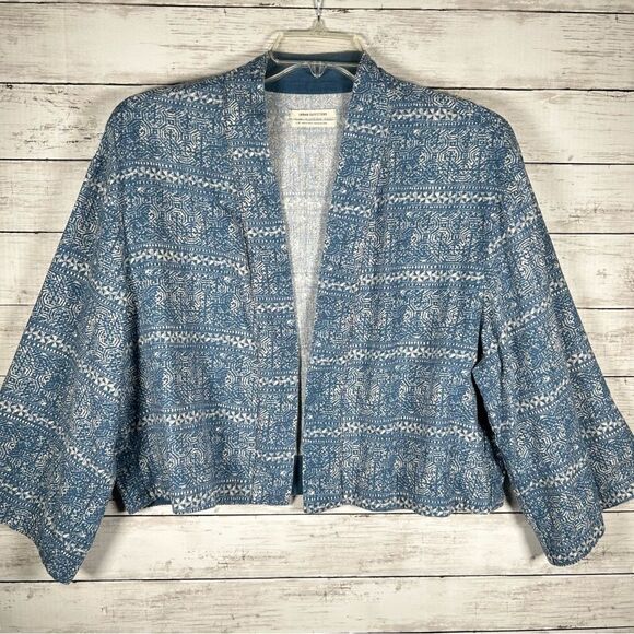 Urban Outfitters UO Linen blend Batik Aztec Chambray Cropped Kimono Jacket L - Picture 1 of 9